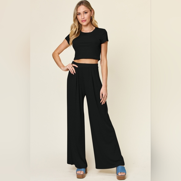 Double Take Full Size Round Neck Top and Pants Set - Picture 3 of 5